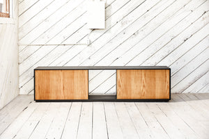 Sold wood and metal console storage unit